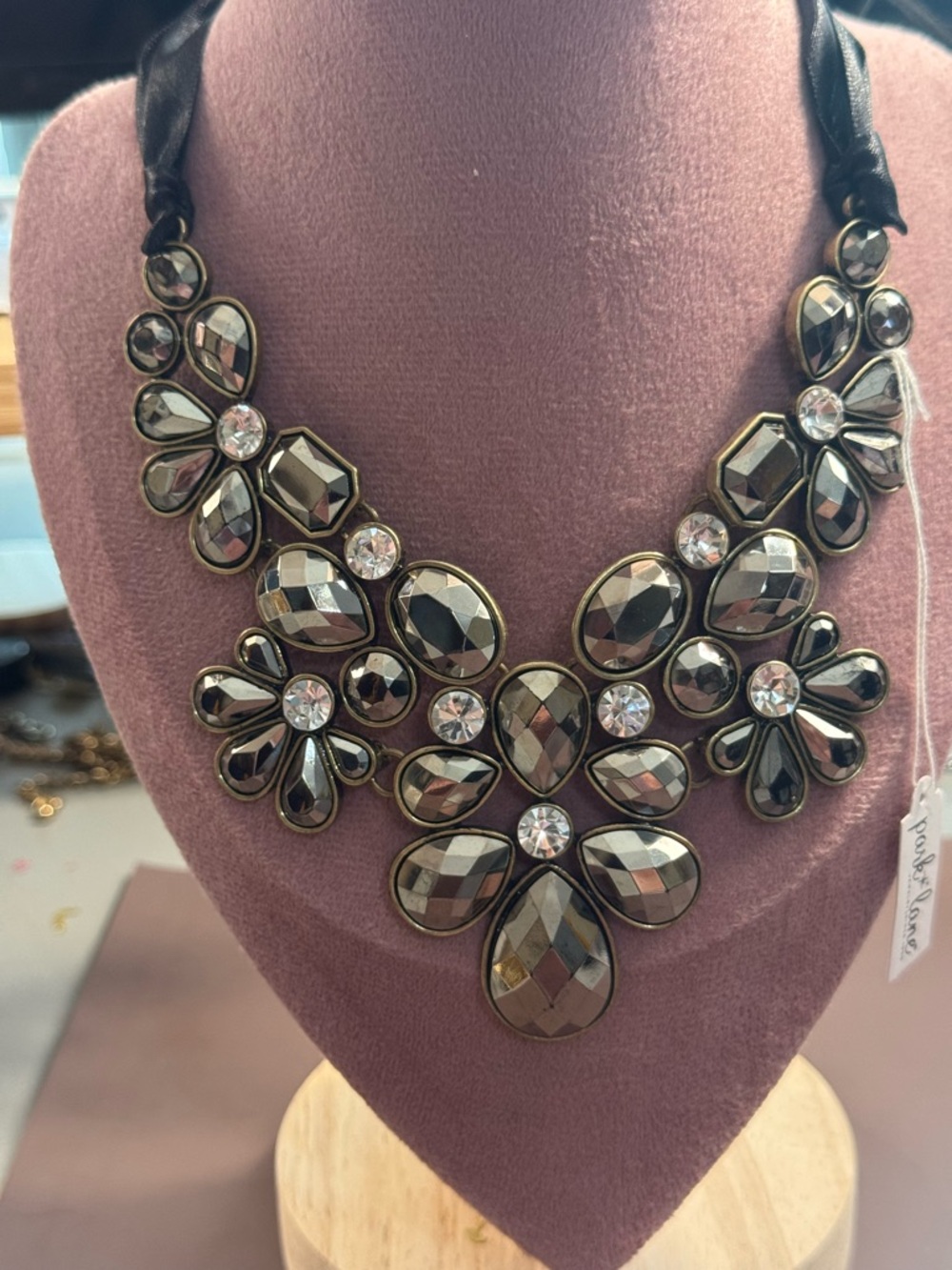 Park Lane Black and Smokey Crystal Floral Statement Necklace